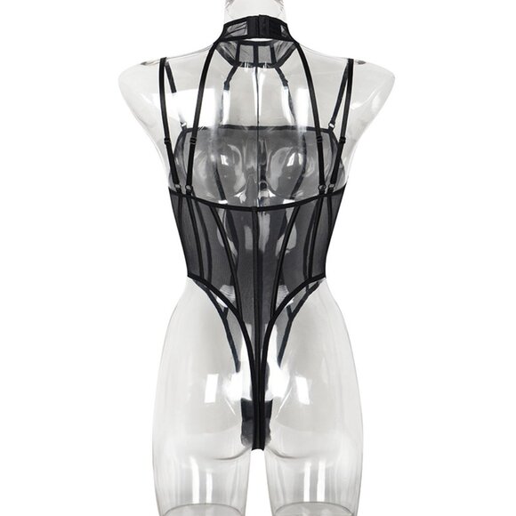 Black See-through Longline Bra Set Women Lingerie Set Black Mesh - Picture 11 of 11